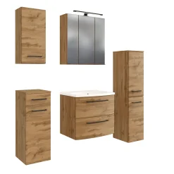 Held Badezimmerset Manchester | Waschtischschrank, Säulenschrank, Spiegelschrank mit Beleuchtung, Hängeschrank, Beistellschrank | Eiche Wotan