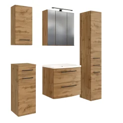 Held Badezimmerset Manchester | Waschtischschrank, Säulenschrank, Spiegelschrank mit Beleuchtung, Hängeschrank, Beistellschrank | Eiche Wotan