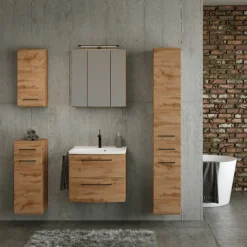 Held Badezimmerset Manchester | Waschtischschrank, Säulenschrank, Spiegelschrank mit Beleuchtung, Hängeschrank, Beistellschrank | Eiche Wotan