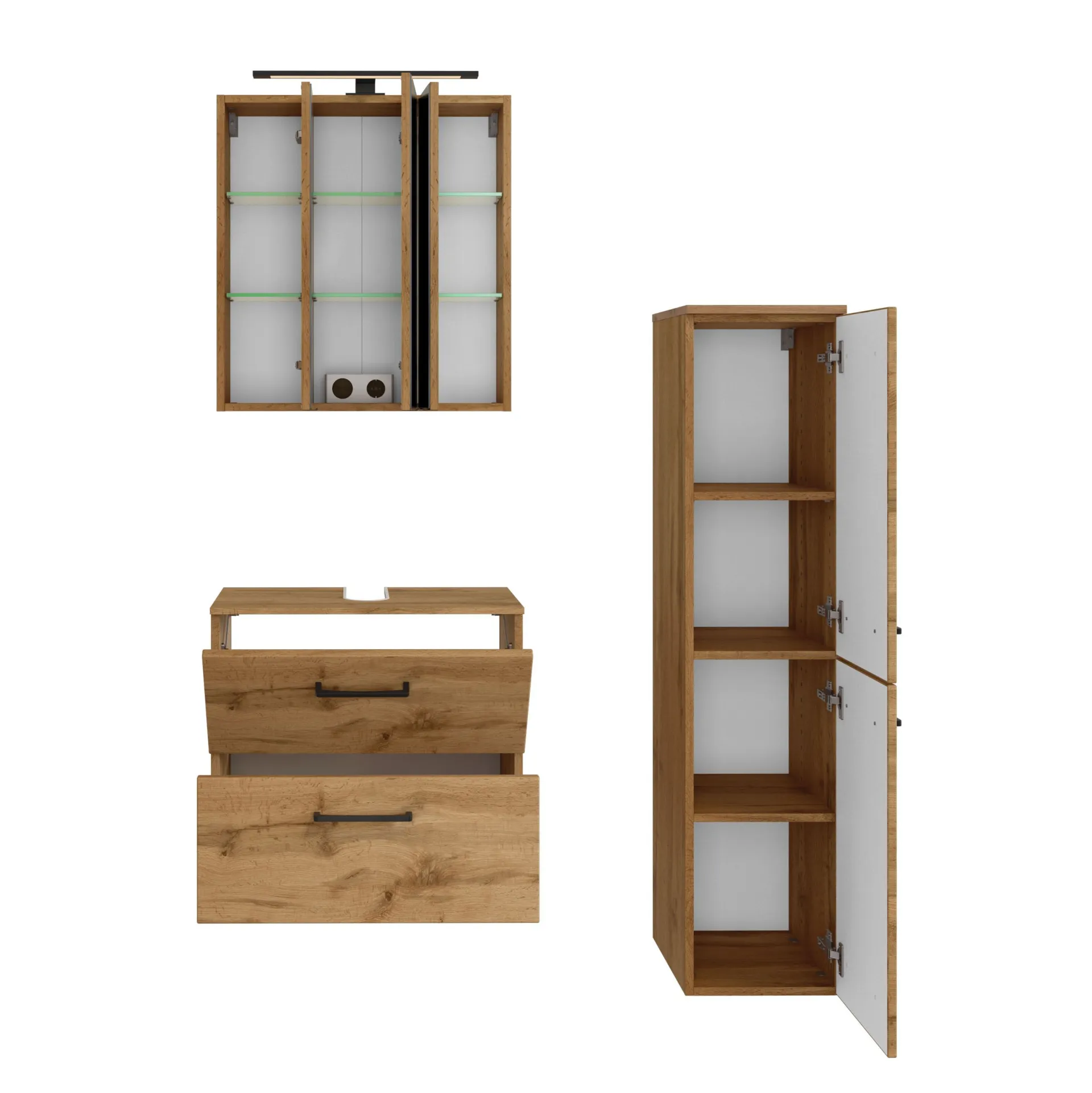 Held Badezimmerset Manchester | Waschtischschrank, Spiegelschrank, Säulenschrank | Wotan Eiche Design