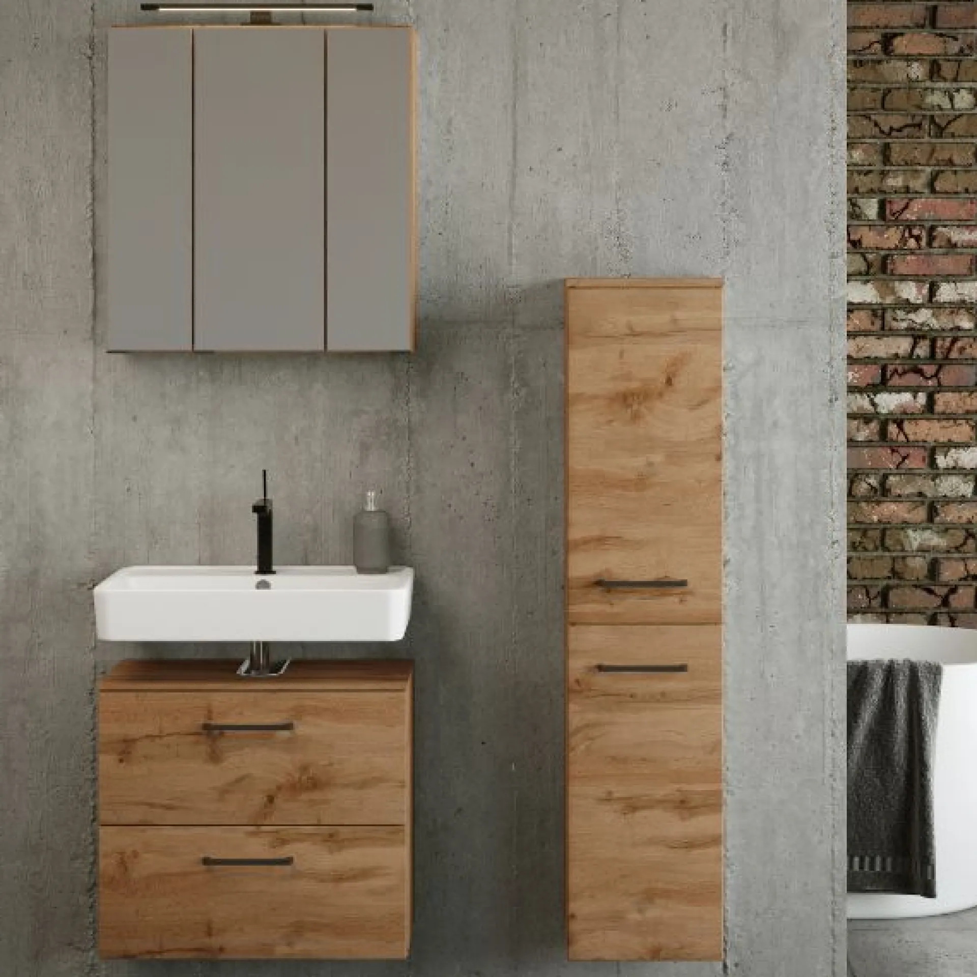 Held Badezimmerset Manchester | Waschtischschrank, Spiegelschrank, Säulenschrank | Wotan Eiche Design