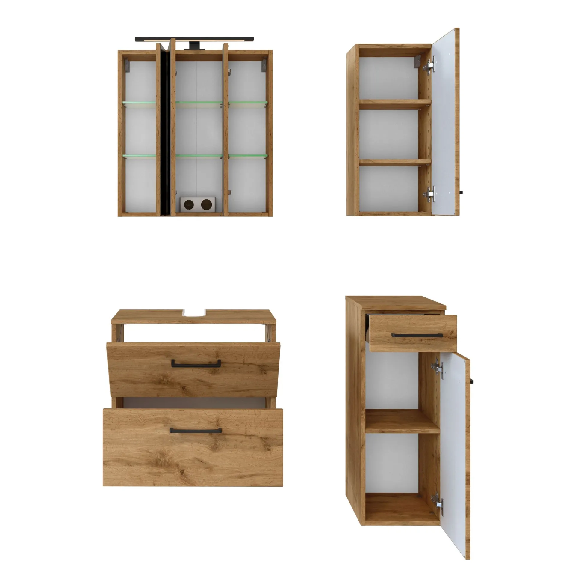 Held Badezimmerset Manchester | Waschtischschrank, Spiegelschrank, Hängeschrank, Beistellschrank | Wotan Oak Design