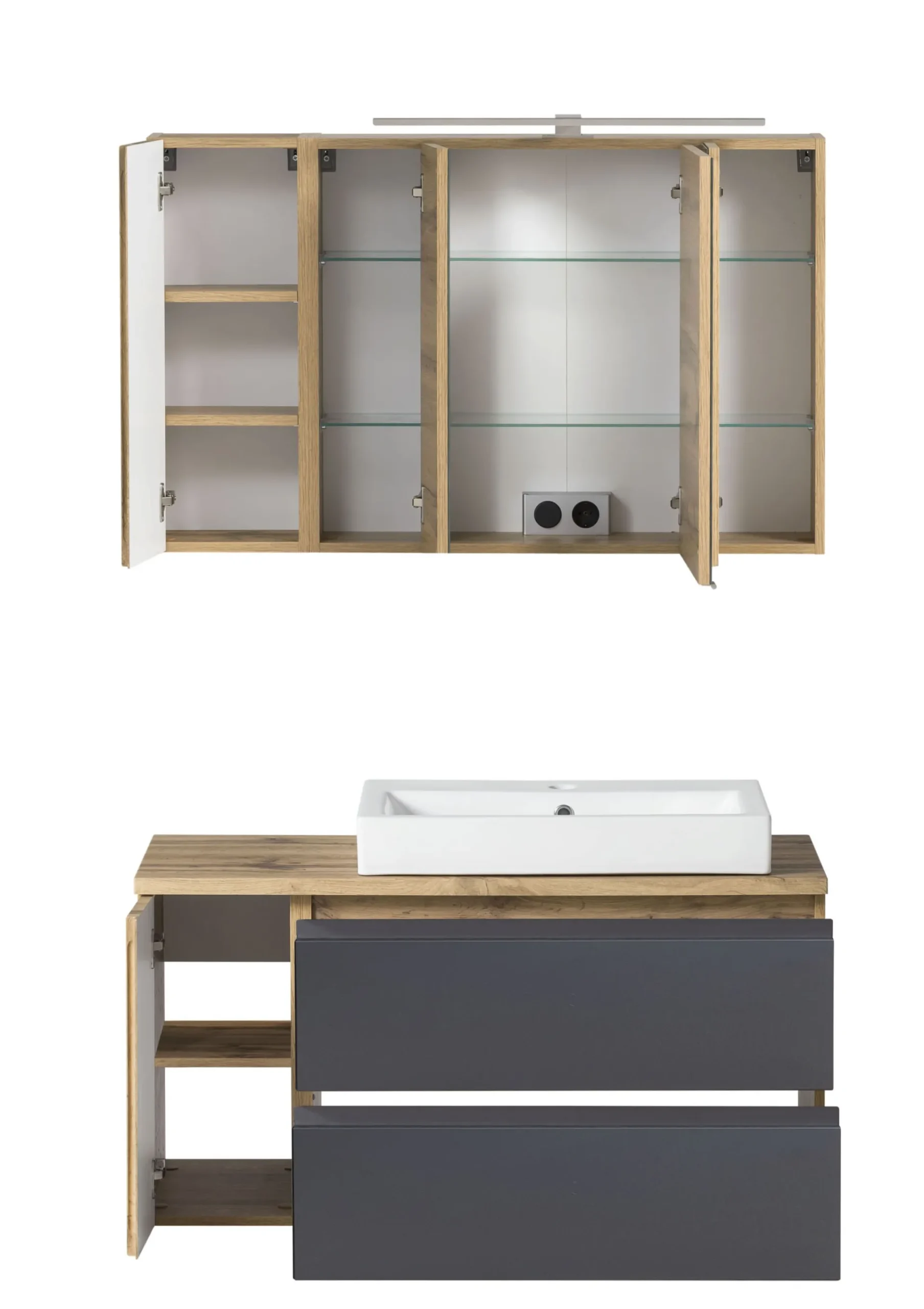 Held Badezimmerset Varese | Waschbecken- und Spiegelschrank | Design Wotan Oak / Grey