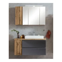 Held Badezimmerset Varese | Waschbecken- und Spiegelschrank | Design Wotan Oak / Grey