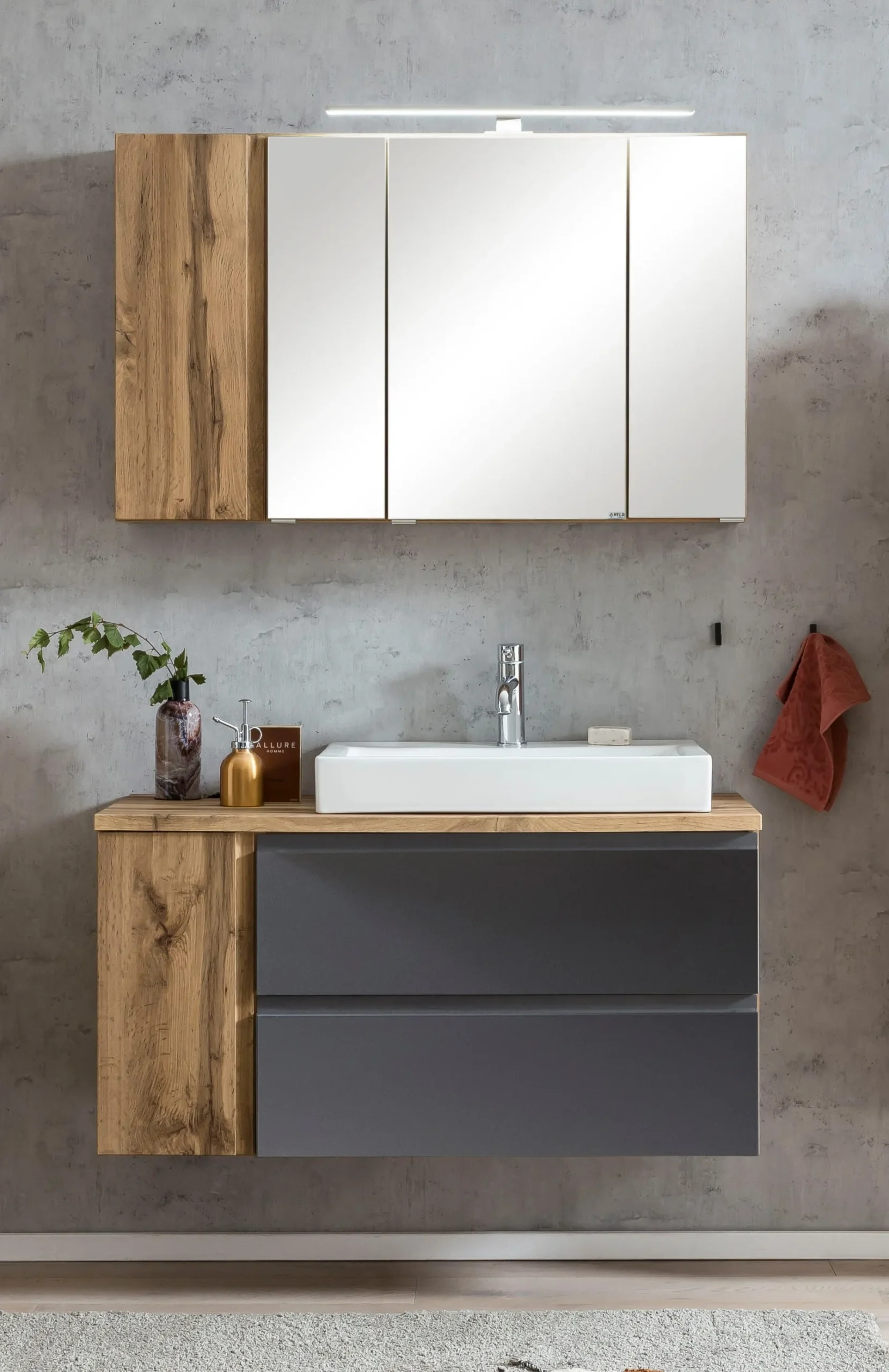 Held Badezimmerset Varese | Waschbecken- und Spiegelschrank | Design Wotan Oak / Grey
