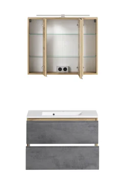 Held Badezimmerset Varese | Waschtisch und Spiegelschrank mit Beleuchtung | Wotan Eiche Beton Design