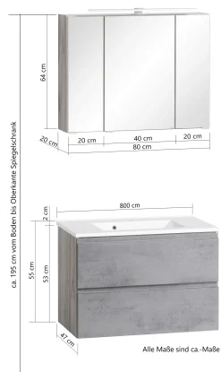 Held Badezimmerset Varese | Waschtisch und Spiegelschrank mit Beleuchtung | Wotan Eiche Beton Design