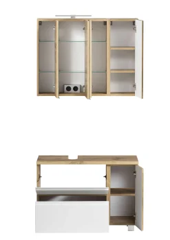 Held Badezimmerset Varese | Waschtisch und Spiegelschrank mit Beleuchtung | Wotan Eiche es Design