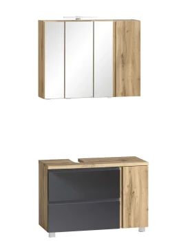 Held Badezimmerset Varese | Waschtisch und Spiegelschrank mit Beleuchtung | Wotan Eiche es Design