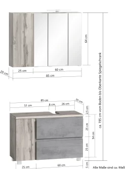 Held Badezimmerset Varese | Waschtisch und Spiegelschrank mit Beleuchtung | Wotan Eiche es Design