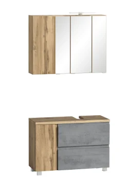 Held Badezimmerset Varese | Waschtisch und Spiegelschrank mit Beleuchtung | Wotan Eiche Beton Design
