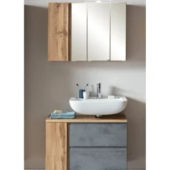 Held Badezimmerset Varese | Waschtisch und Spiegelschrank mit Beleuchtung | Wotan Eiche Beton Design