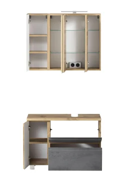 Held Badezimmerset Varese | Waschtisch und Spiegelschrank mit Beleuchtung | Wotan Eiche Beton Design