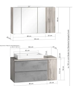 Held Badezimmerset Varese | Waschtisch und Spiegelschrank mit Beleuchtung | Wotan Eiche Beton Design