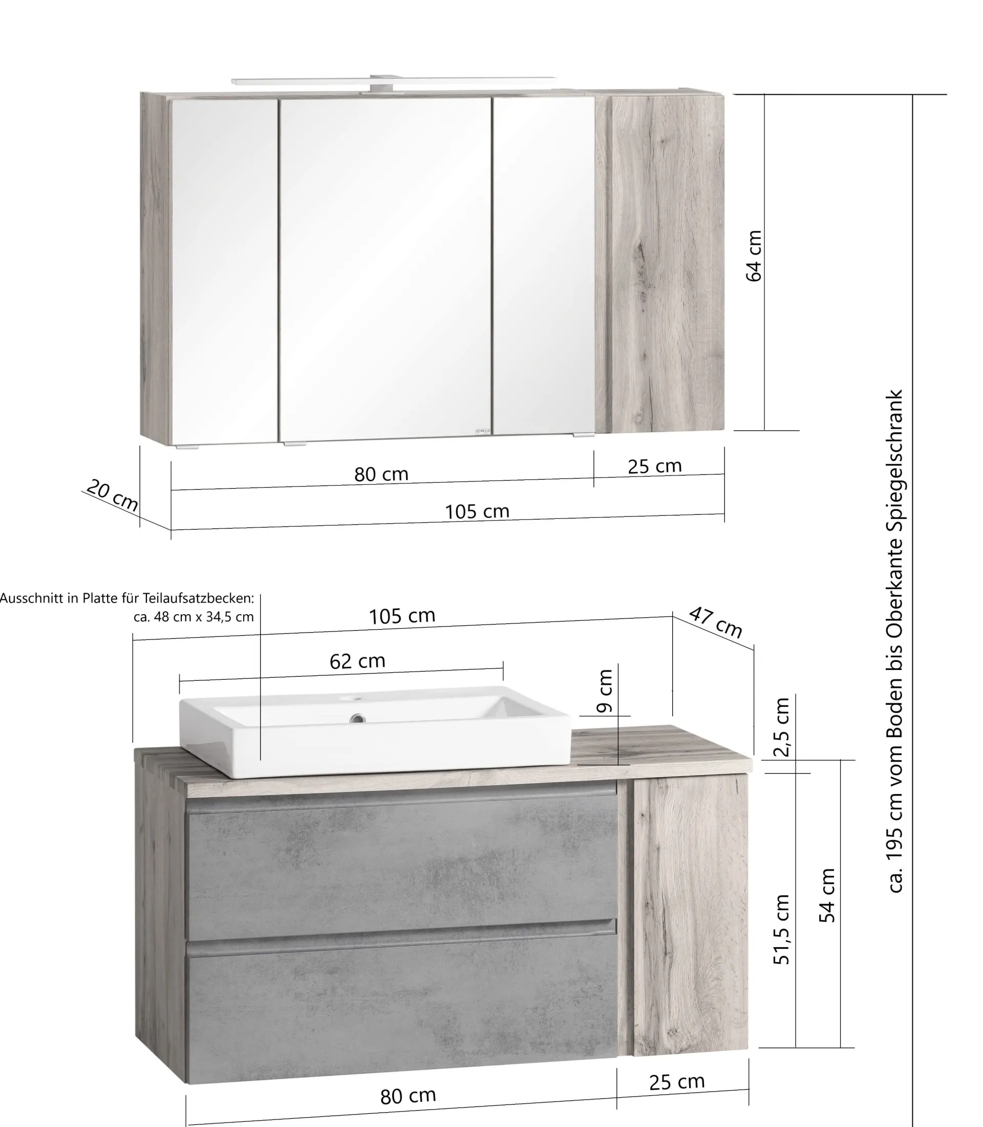 Held Badezimmerset Varese | Waschtisch und Spiegelschrank mit Beleuchtung | Wotan Eiche Beton Design