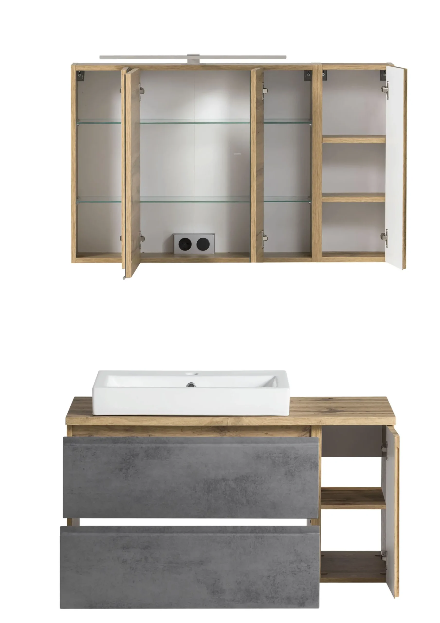 Held Badezimmerset Varese | Waschtisch und Spiegelschrank mit Beleuchtung | Wotan Eiche Beton Design