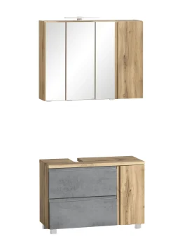 Held Badezimmerset Varese | Waschtisch und Spiegelschrank mit Beleuchtung | Wotan Eiche Beton Design