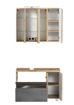 Held Badezimmerset Varese | Waschtisch und Spiegelschrank mit Beleuchtung | Wotan Eiche Beton Design