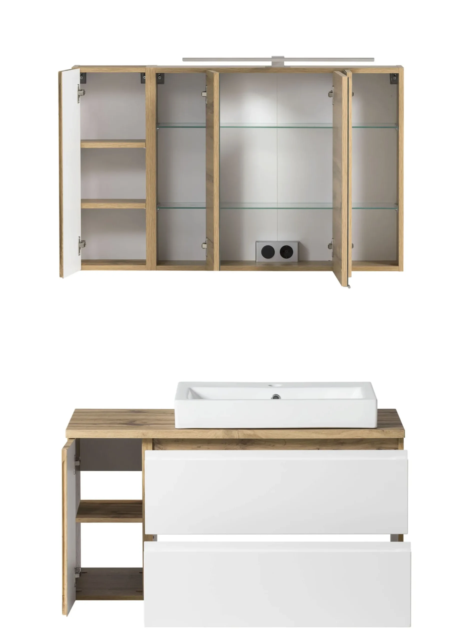 Held Badezimmerset Varese | Waschtisch und Spiegelschrank mit Beleuchtung | Wotan Eiche es Design