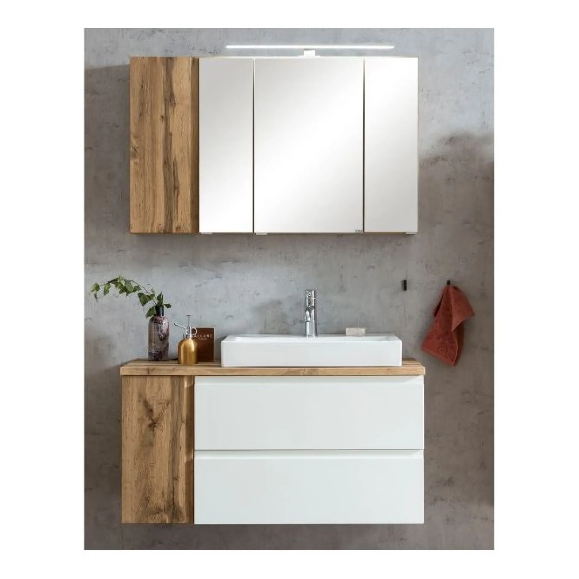 Held Badezimmerset Varese | Waschtisch und Spiegelschrank mit Beleuchtung | Wotan Eiche es Design