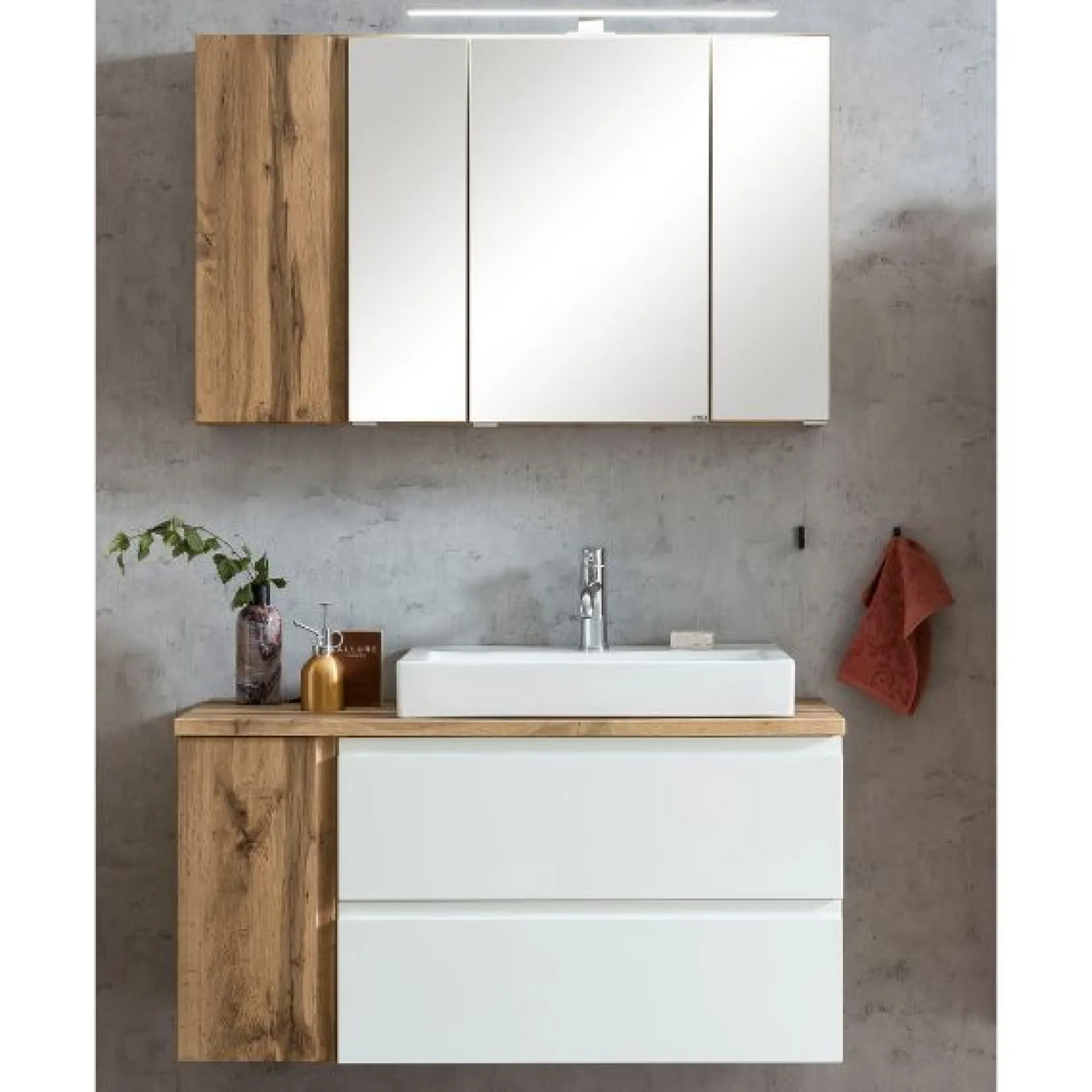 Held Badezimmerset Varese | Waschtisch und Spiegelschrank mit Beleuchtung | Wotan Eiche es Design