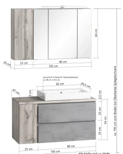 Held Badezimmerset Varese | Waschtisch und Spiegelschrank mit Beleuchtung | Wotan Eiche es Design