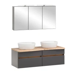 Held Badezimmerset Villach | Doppelwaschtisch und Spiegelschrank mit Beleuchtung | Design Graphit