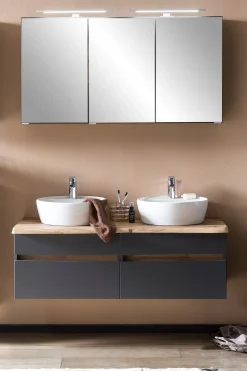 Held Badezimmerset Villach | Doppelwaschtisch und Spiegelschrank mit Beleuchtung | Design Graphit