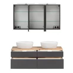 Held Badezimmerset Villach | Doppelwaschtisch und Spiegelschrank mit Beleuchtung | Design Graphit