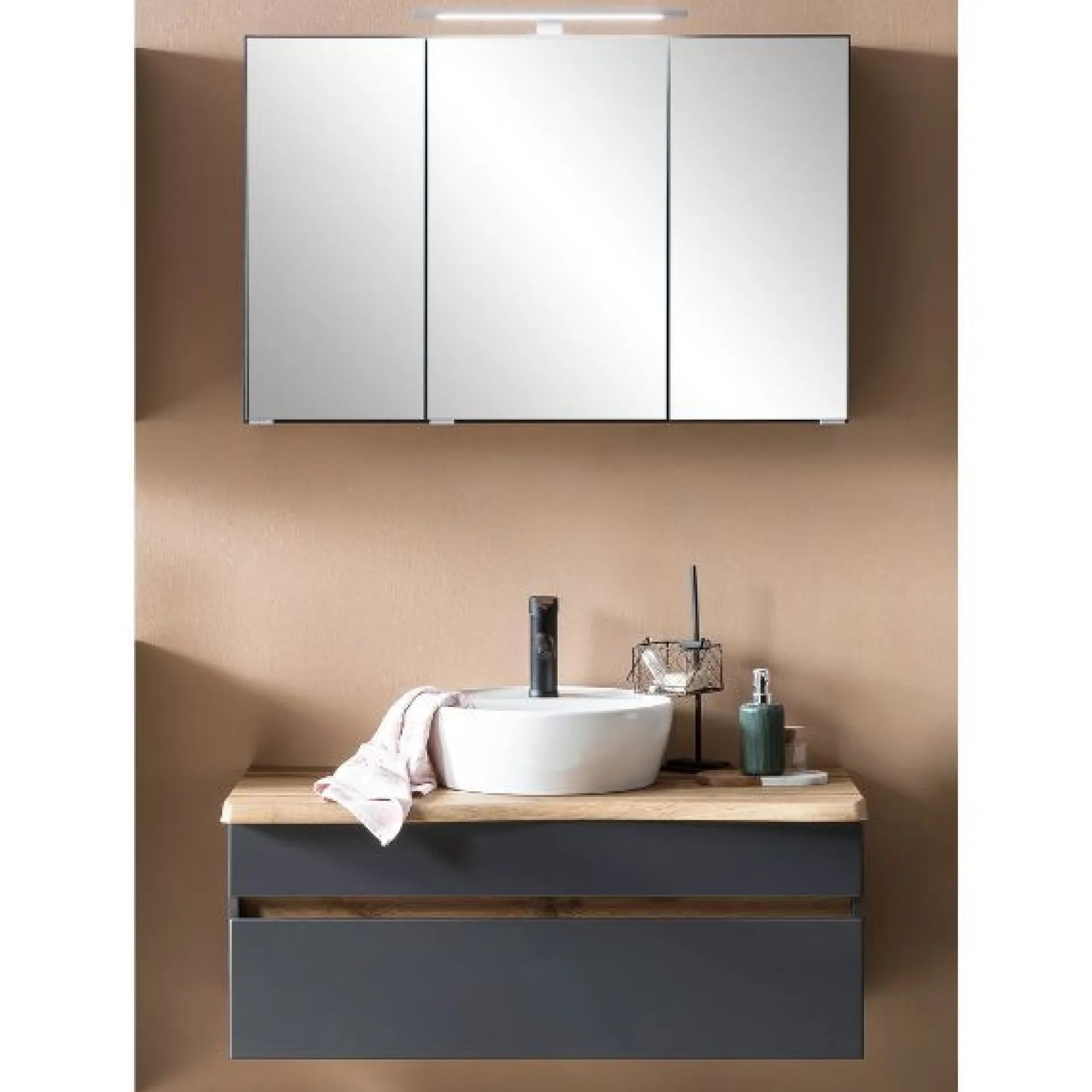Held Badezimmerset Villach | Waschtischschrank und Spiegelschrank mit Beleuchtung | Graphit