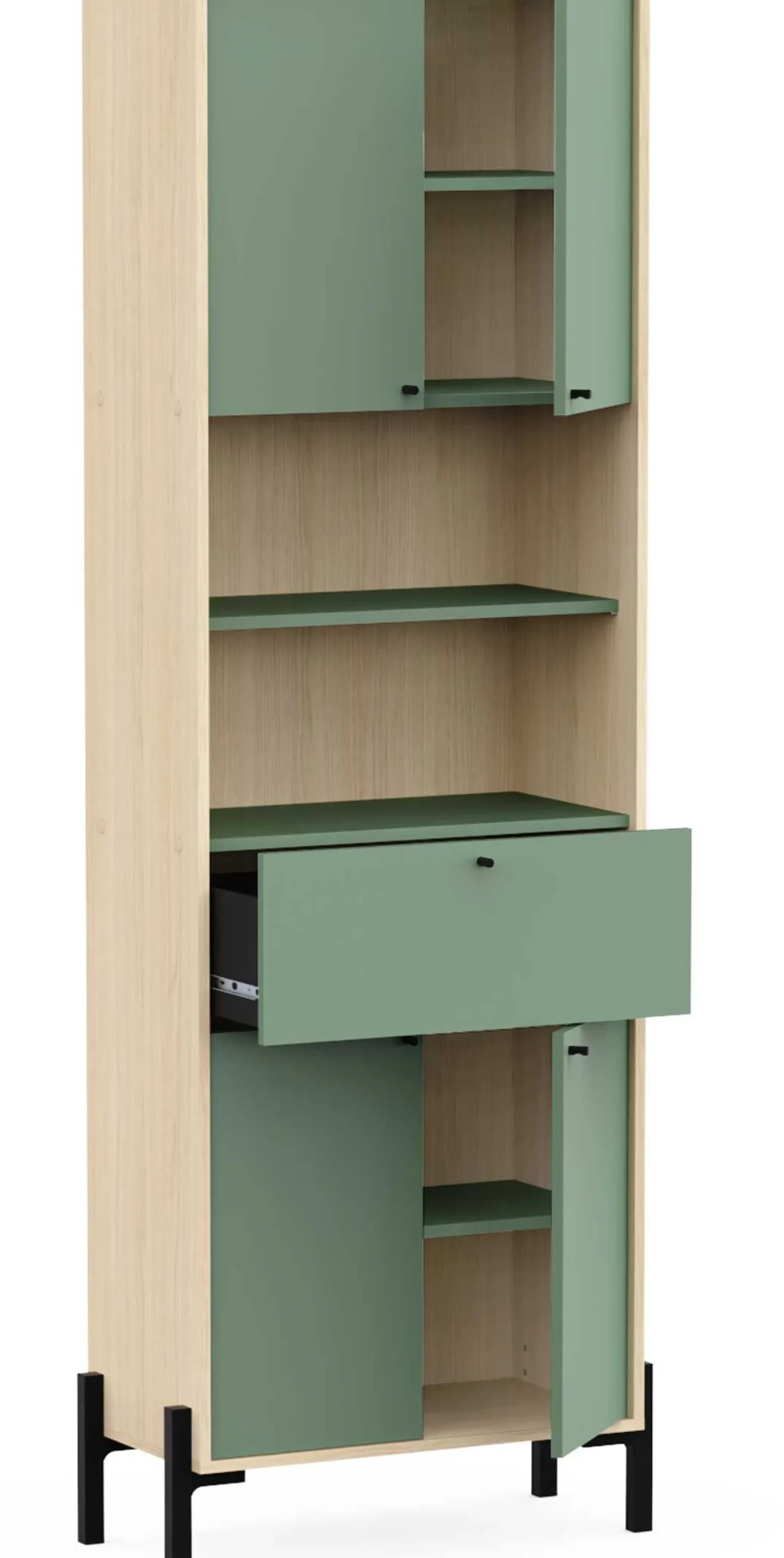 Badezimmersäulenschrank Calypso - 69x33x201cm - 4 Türen und 1 Schublade - Eiche Dekor/Grün