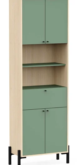 Badezimmersäulenschrank Calypso - 69x33x201cm - 4 Türen und 1 Schublade - Eiche Dekor/Grün