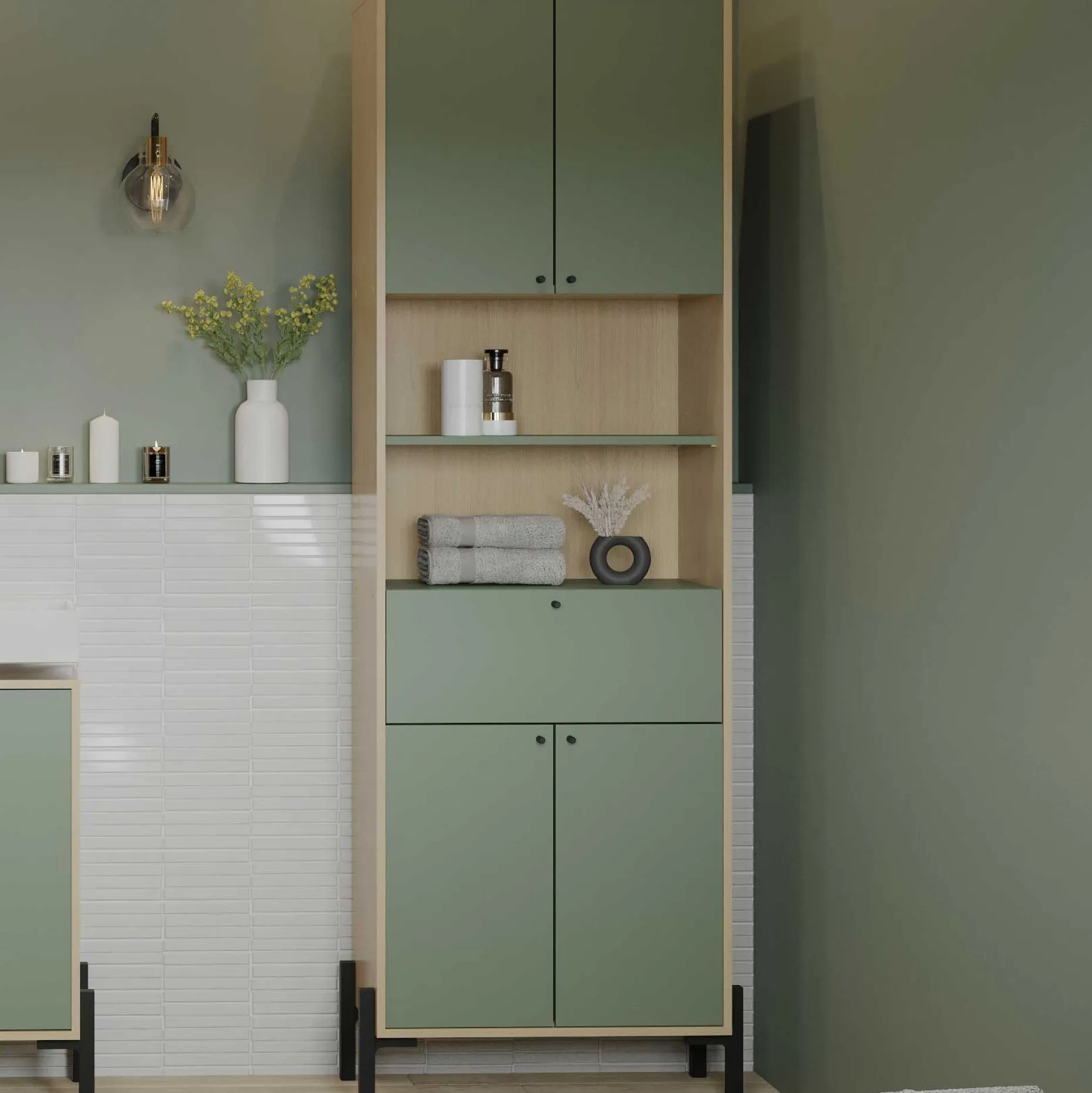 Badezimmersäulenschrank Calypso - 69x33x201cm - 4 Türen und 1 Schublade - Eiche Dekor/Grün