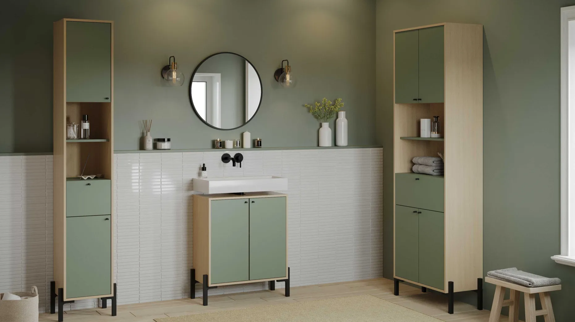 Badezimmersäulenschrank Calypso - 69x33x201cm - 4 Türen und 1 Schublade - Eiche Dekor/Grün
