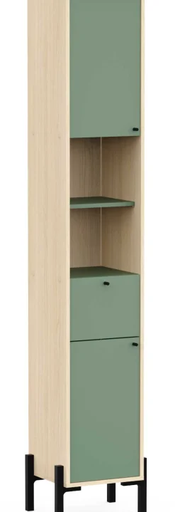 Badezimmersäulenschrank Calypso - 39x33x201cm - 2 Türen und 1 Schublade - Eiche Dekor/Grün