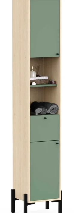 Badezimmersäulenschrank Calypso - 39x33x201cm - 2 Türen und 1 Schublade - Eiche Dekor/Grün