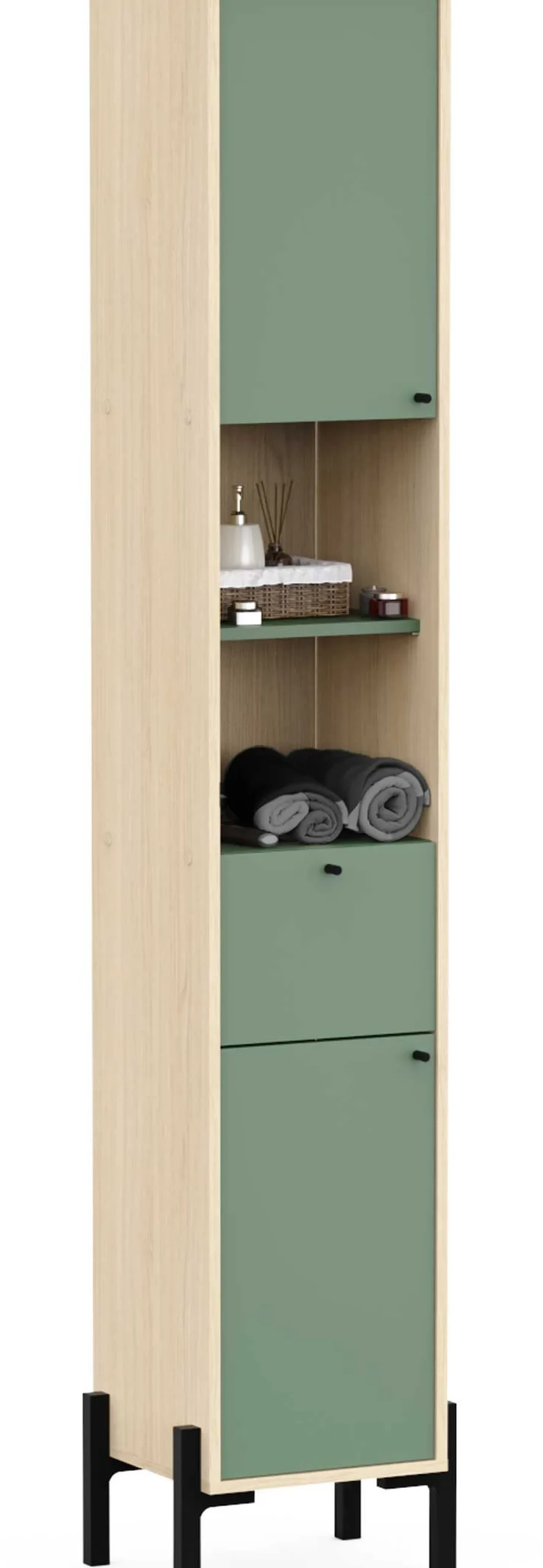 Badezimmersäulenschrank Calypso - 39x33x201cm - 2 Türen und 1 Schublade - Eiche Dekor/Grün