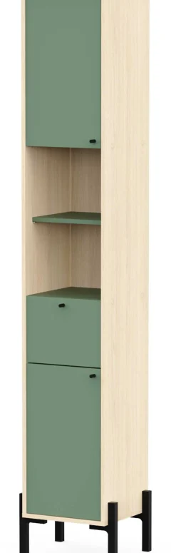 Badezimmersäulenschrank Calypso - 39x33x201cm - 2 Türen und 1 Schublade - Eiche Dekor/Grün