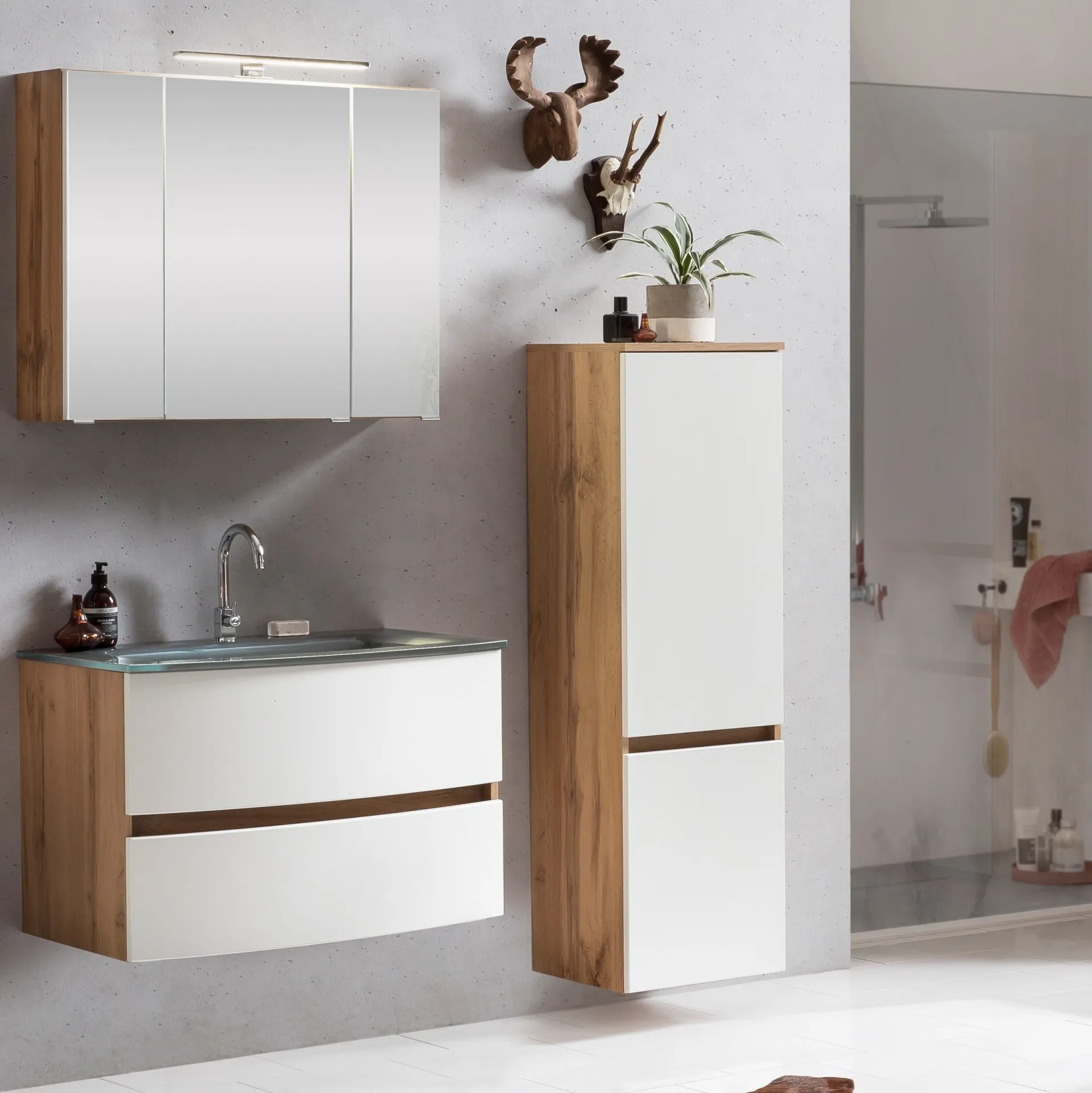 Held Badkombination Kornel 4 3-teilig mit grauem Waschbecken - Eiche/Mattweiß