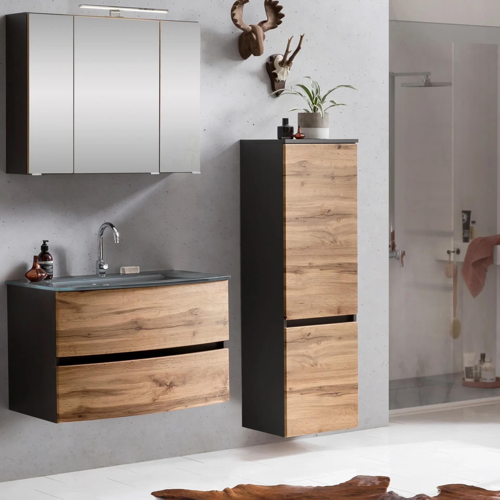 Held Badkombination Kornel 4 3-teilig mit grauem Waschbecken - Graphitgrau/Eiche