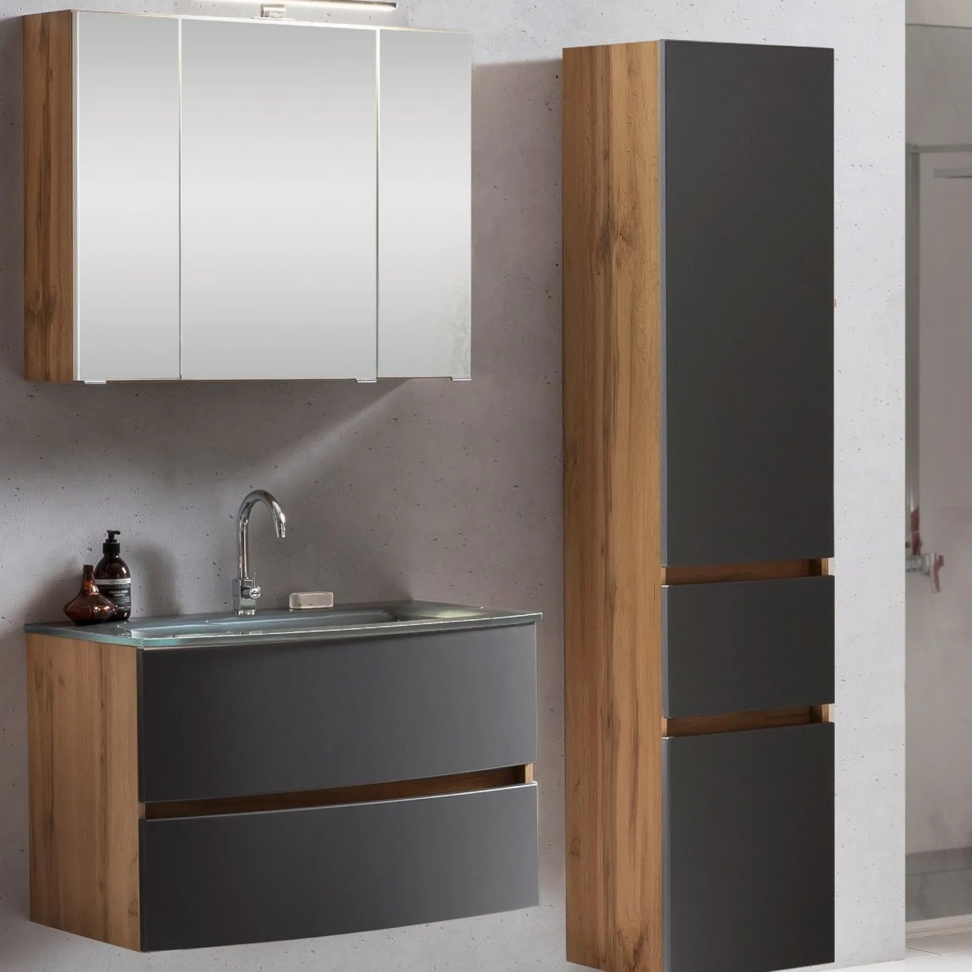 Held Badkombination Kornel 5 3-teilig mit grauem Waschbecken - Eiche/mattgrau
