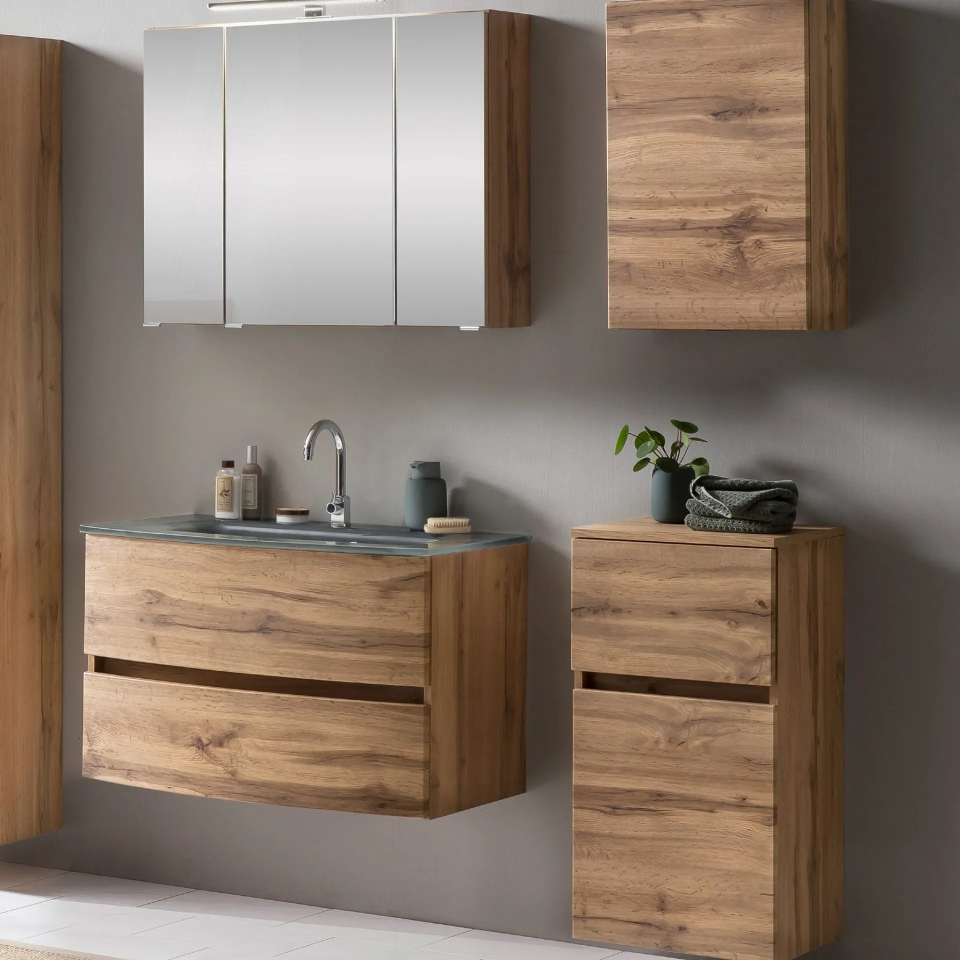 Held Badkombination Kornel 8 4-teilig mit grauem Waschbecken - Eiche