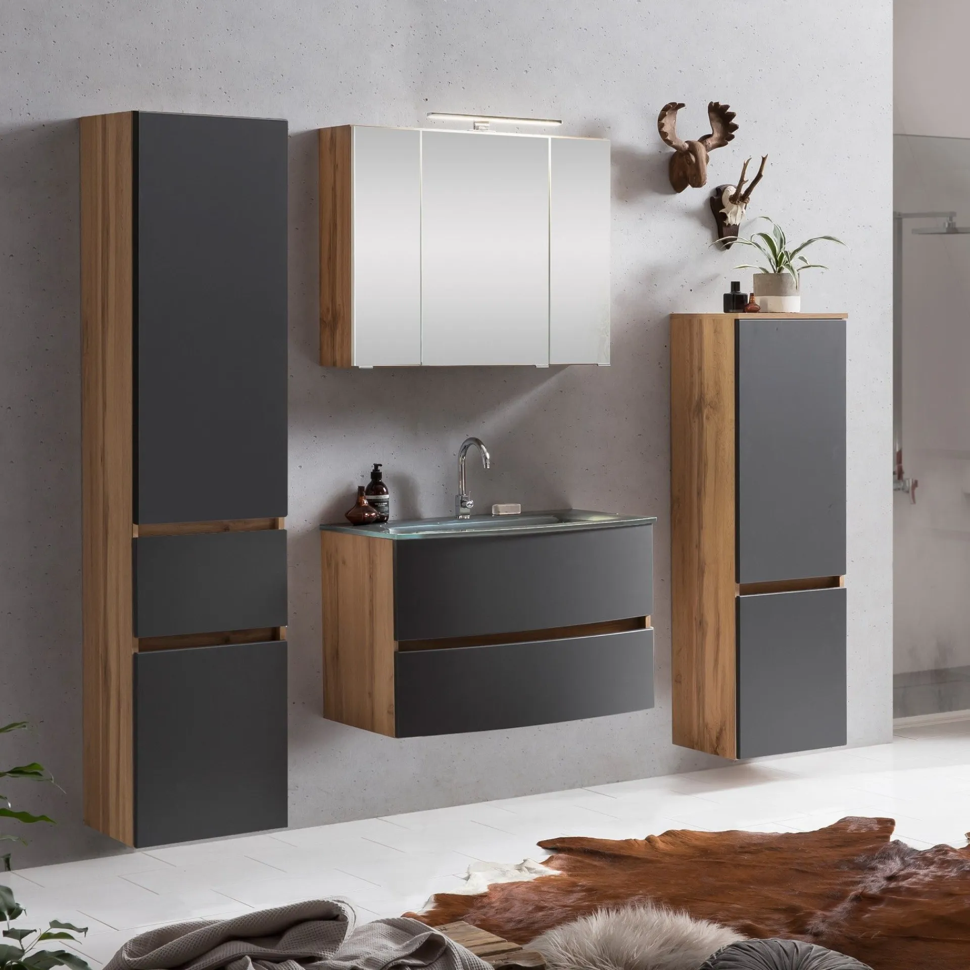 Held Badkombination Kornel 10 4-teilig mit grauem Waschbecken - Eiche/mattgrau