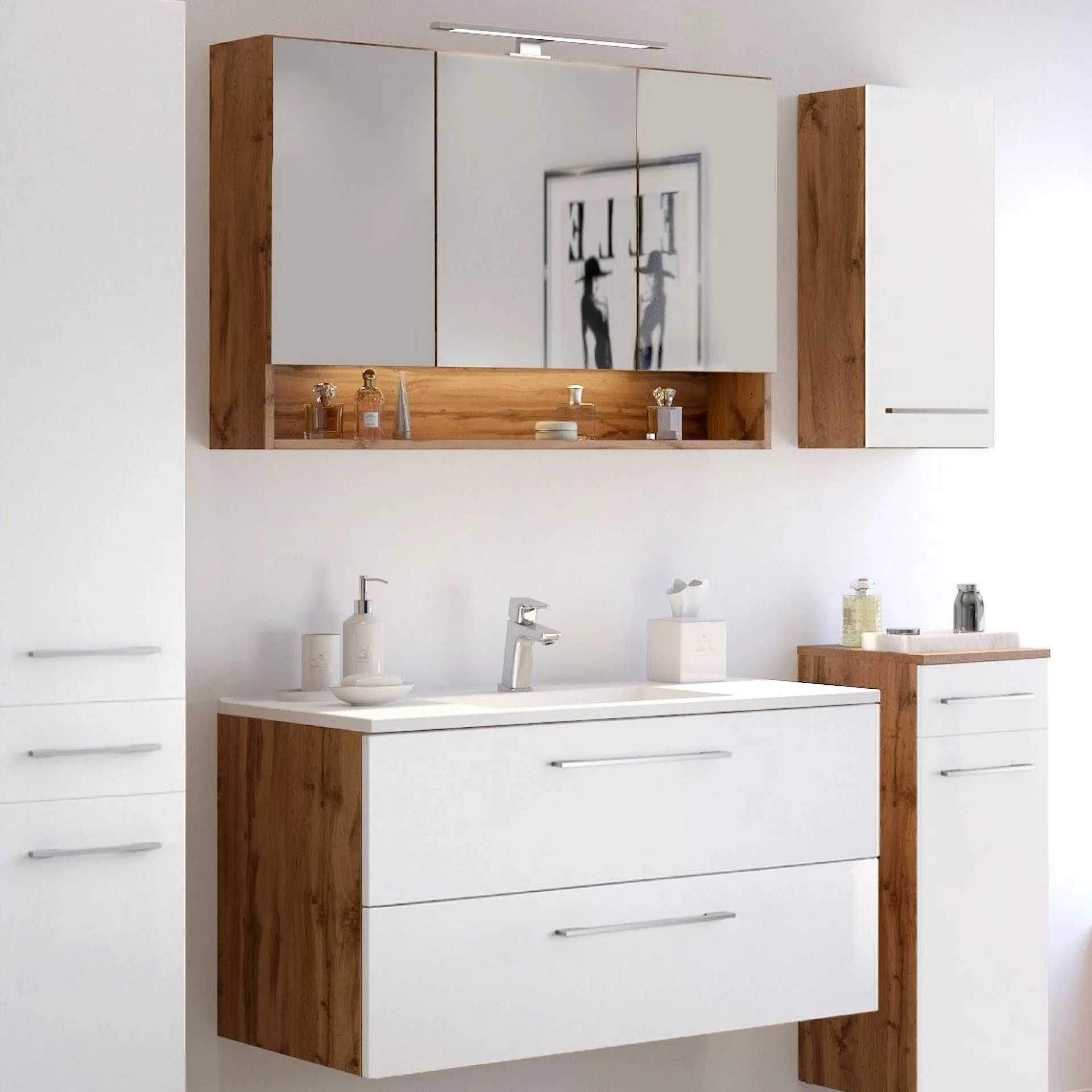 Held Badkombination Sefa 2 mit Waschbecken und Spiegelschrank - Eiche/Weiß