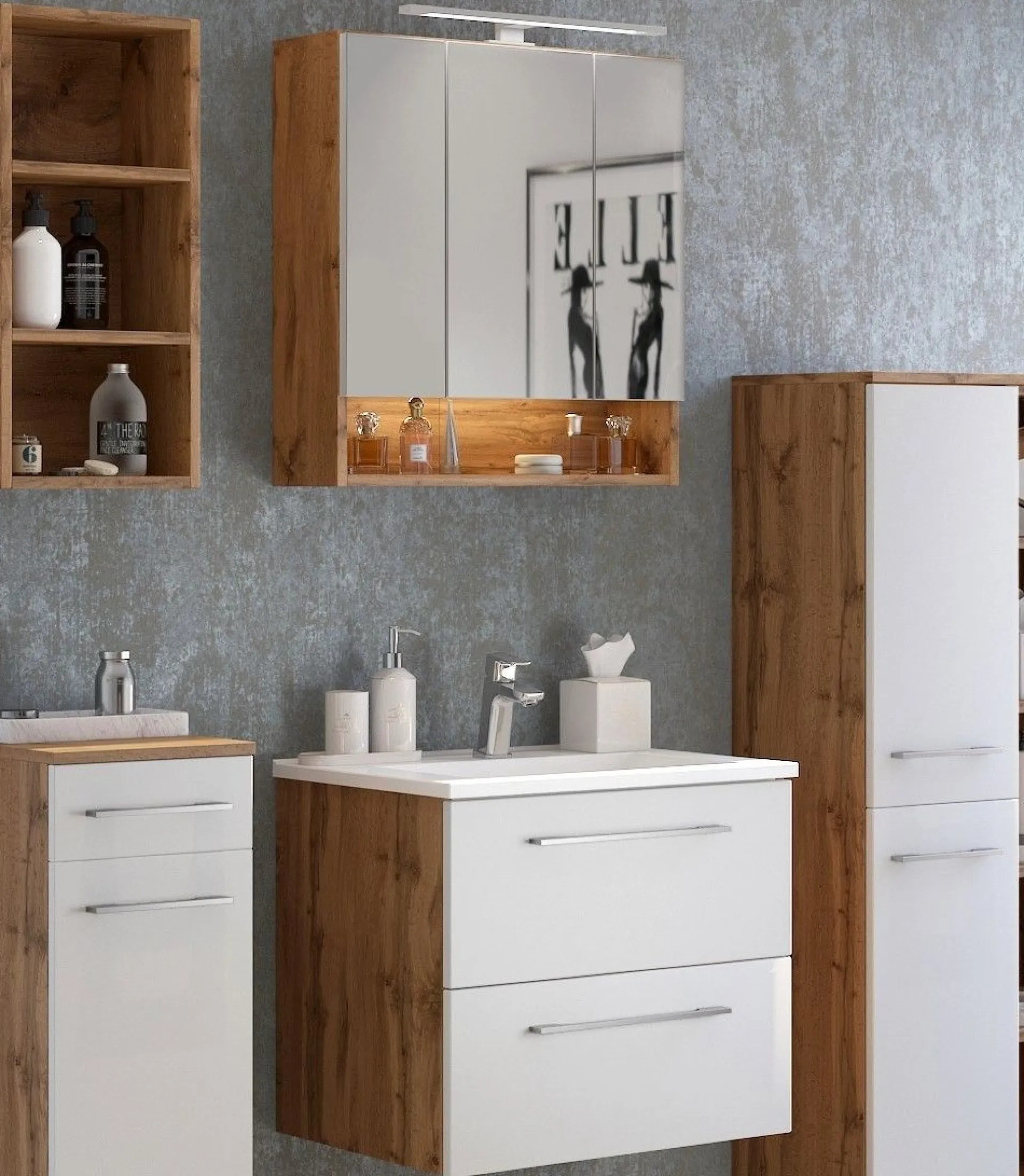 Held Badkombination Sefa 1 mit Waschbecken und Spiegelschrank - Eiche/Weiß