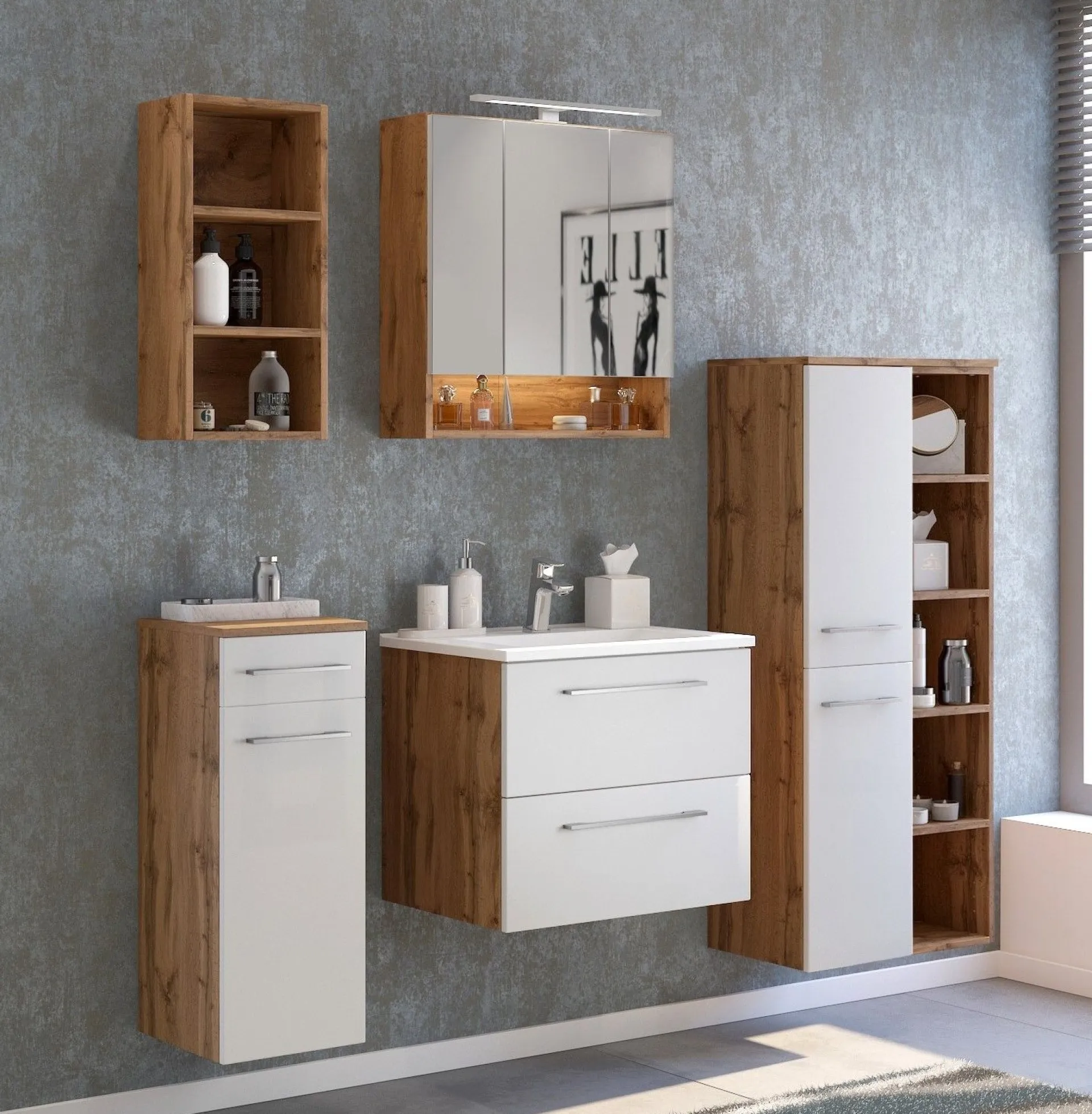 Held Badkombination Sefa 1 mit Waschbecken und Spiegelschrank - Eiche/Weiß