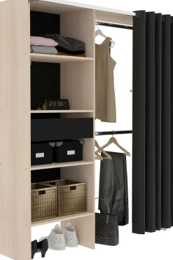 Balu Offener Kleiderschrank - 143x48x182cm - mit Vorhang - Akazie/Schwarz