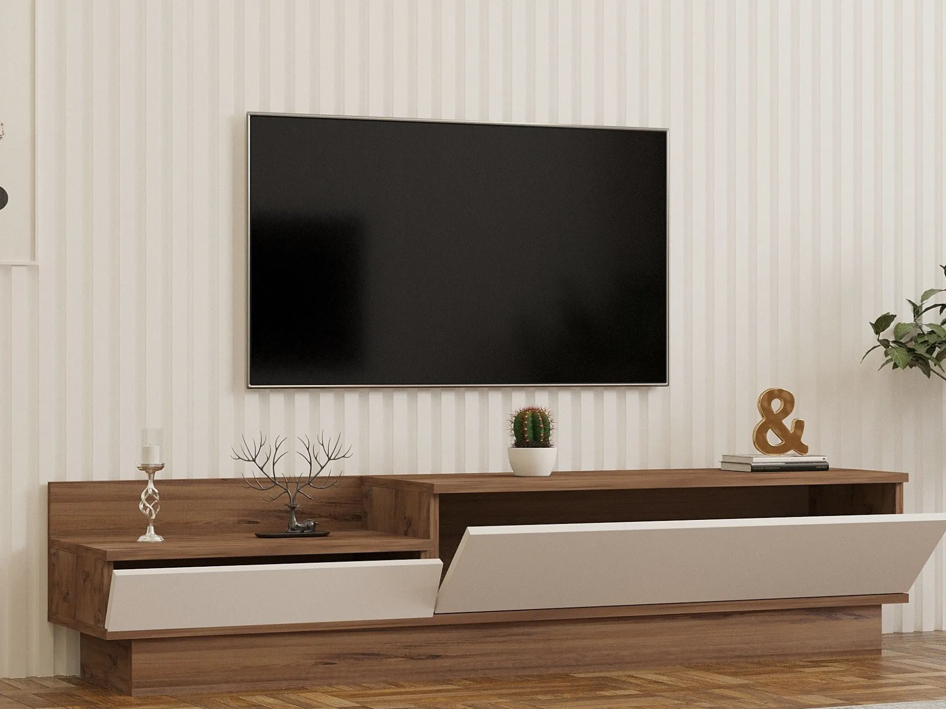 Barko TV-Ständer | 100 % MELAMIN | Atlantische Kiefer, Weiß