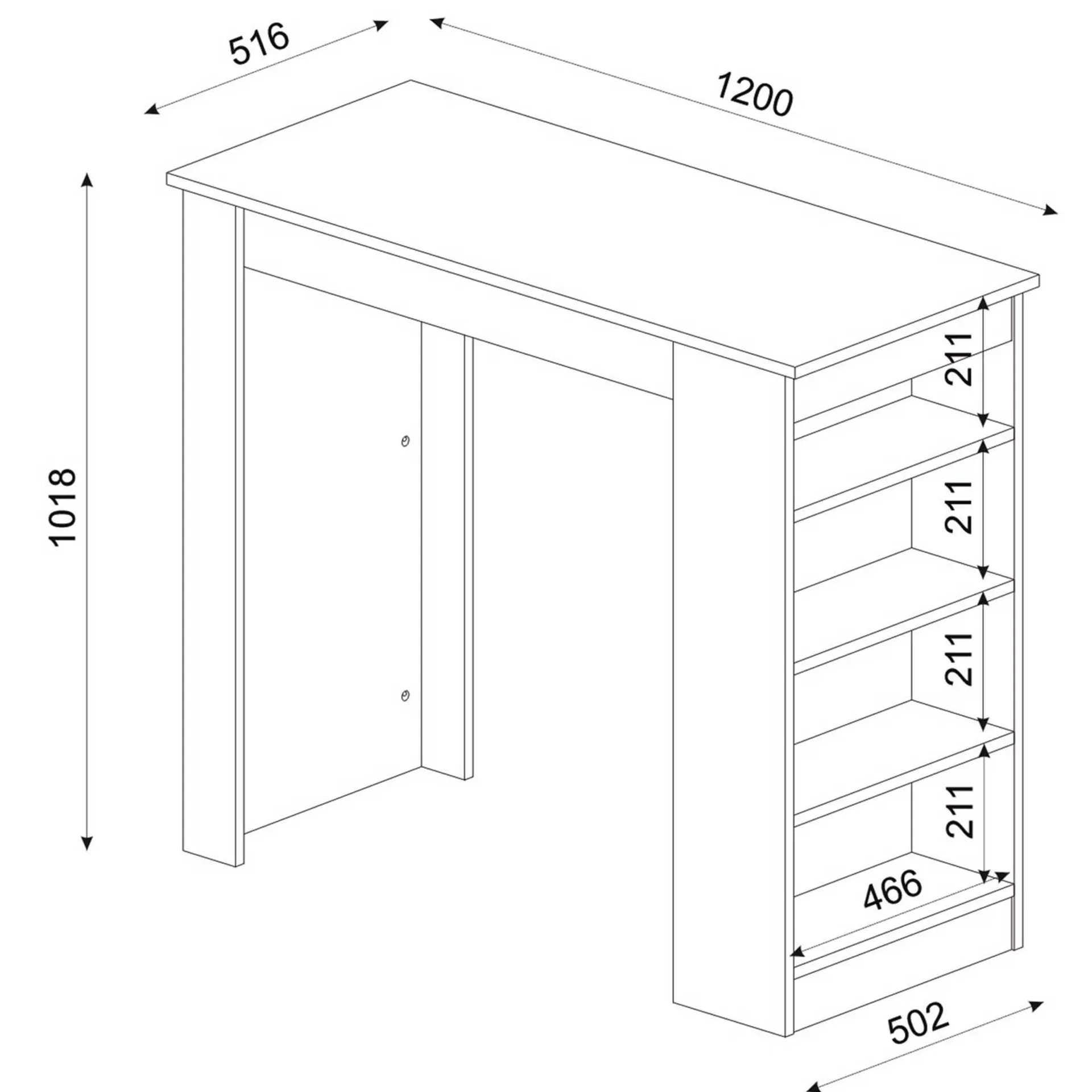Emob Bartisch Monaco - 120x52x102cm - mit Ablage - weiß/Eiche Dekor