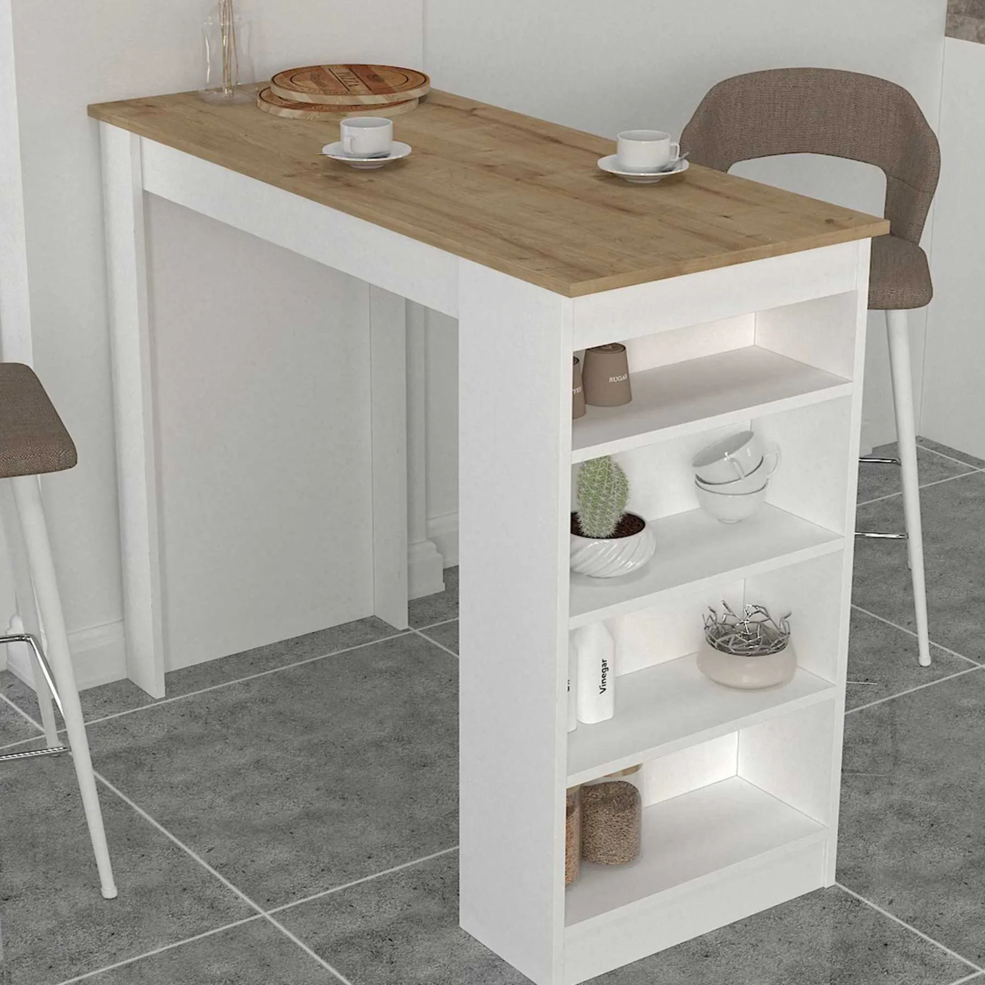 Emob Bartisch Monaco - 120x52x102cm - mit Ablage - weiß/Eiche Dekor